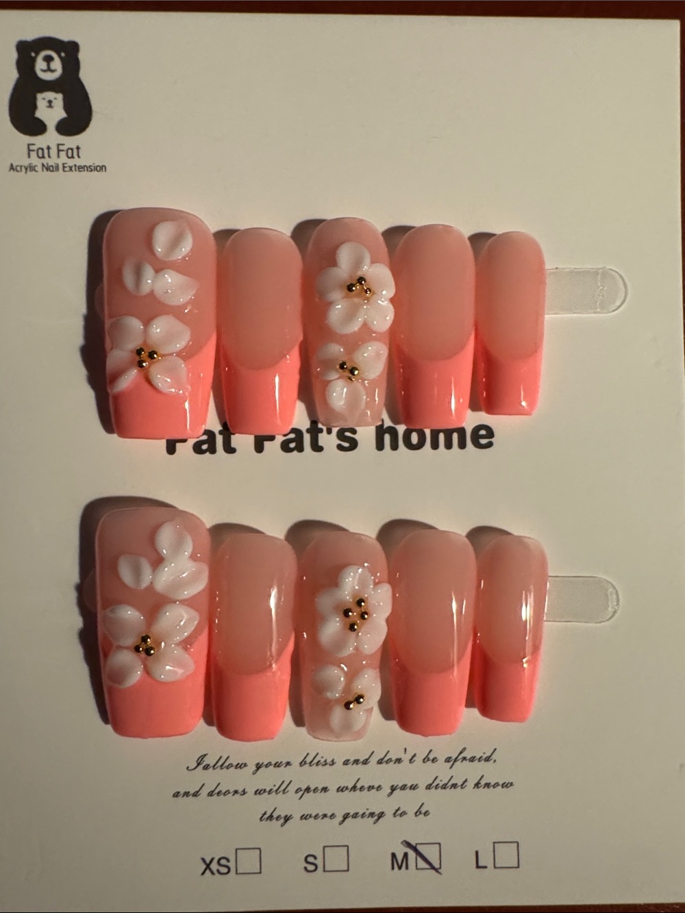 3D Floral Pink Ombre Press-On Nail Set, medium Fat fat’s